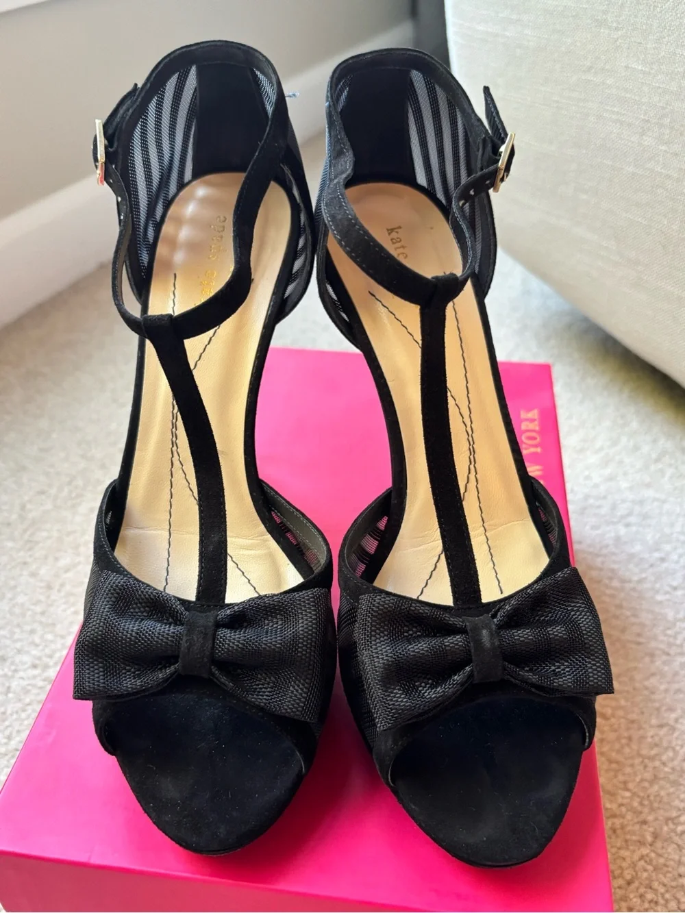 Kate Spade Black T-Strap Mesh Bow High Heel Sandals